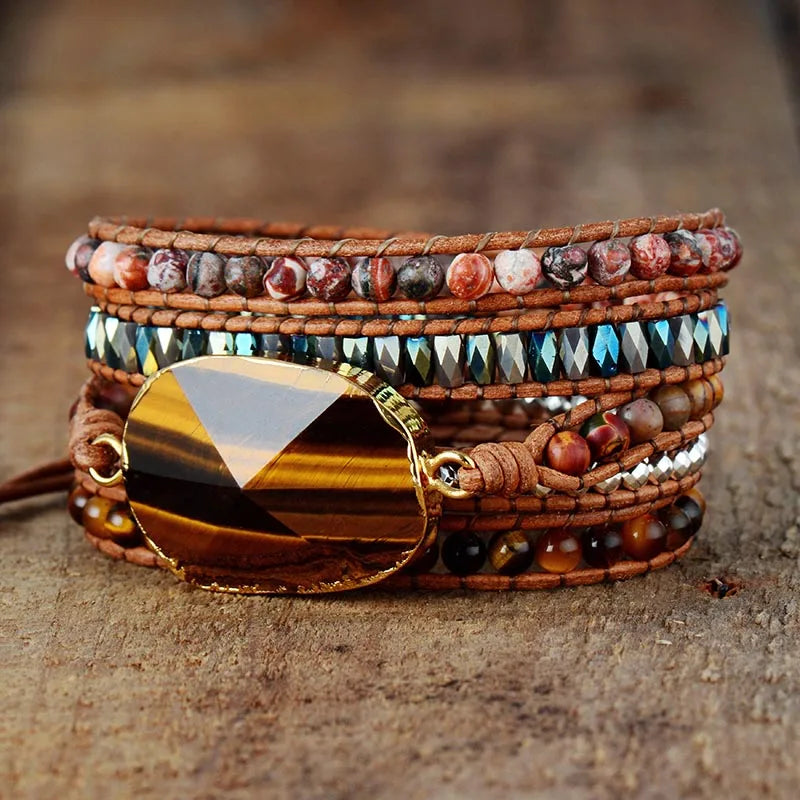 Exclusive Women Beads Wrap Bracelet Tiger Eye Charm 5 Times Leather Strap Bracelets Multilayers Beadwork Bracelet Dropship