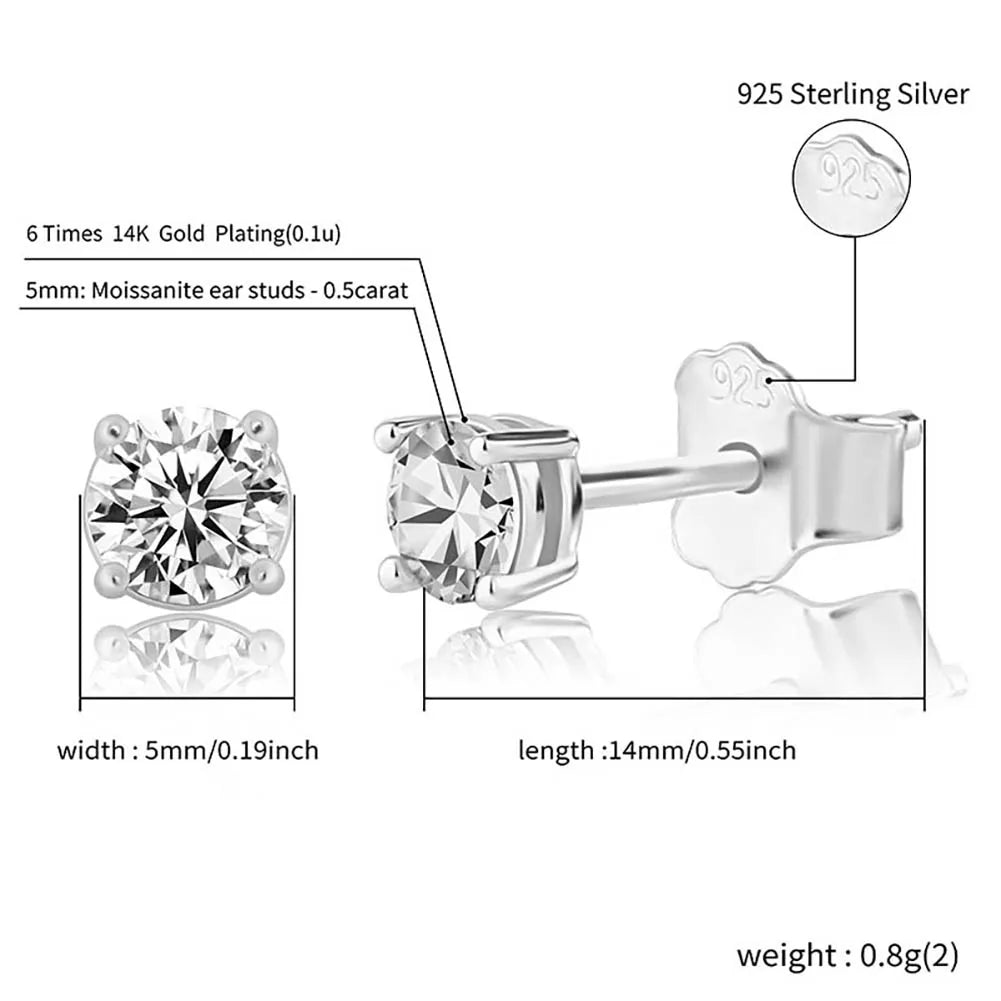 TOPGRILLZ 3/4/5MM 0.1-0.5 Carat D Color Moissanite Earrings 100% 925 Sterling Silver Earrings Fashion Charm Jewelry Women Gift