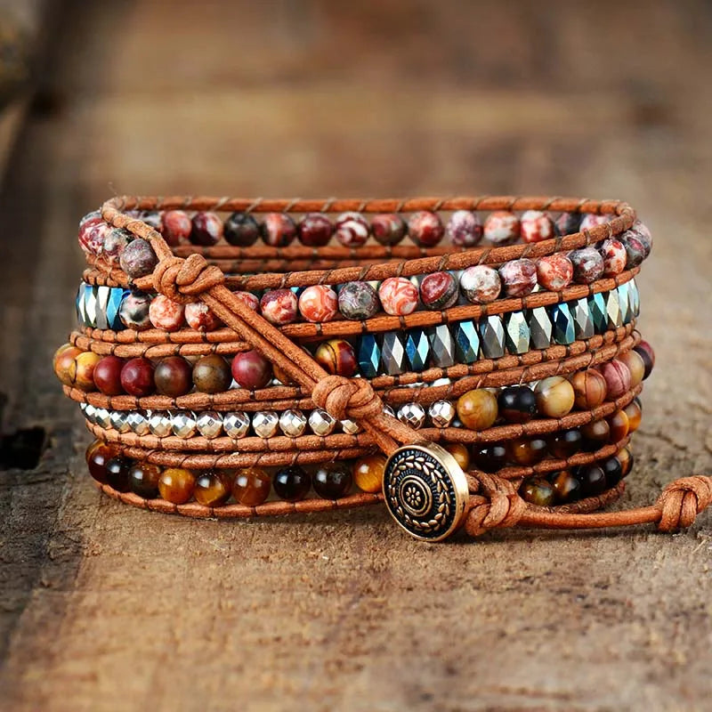 Exclusive Women Beads Wrap Bracelet Tiger Eye Charm 5 Times Leather Strap Bracelets Multilayers Beadwork Bracelet Dropship