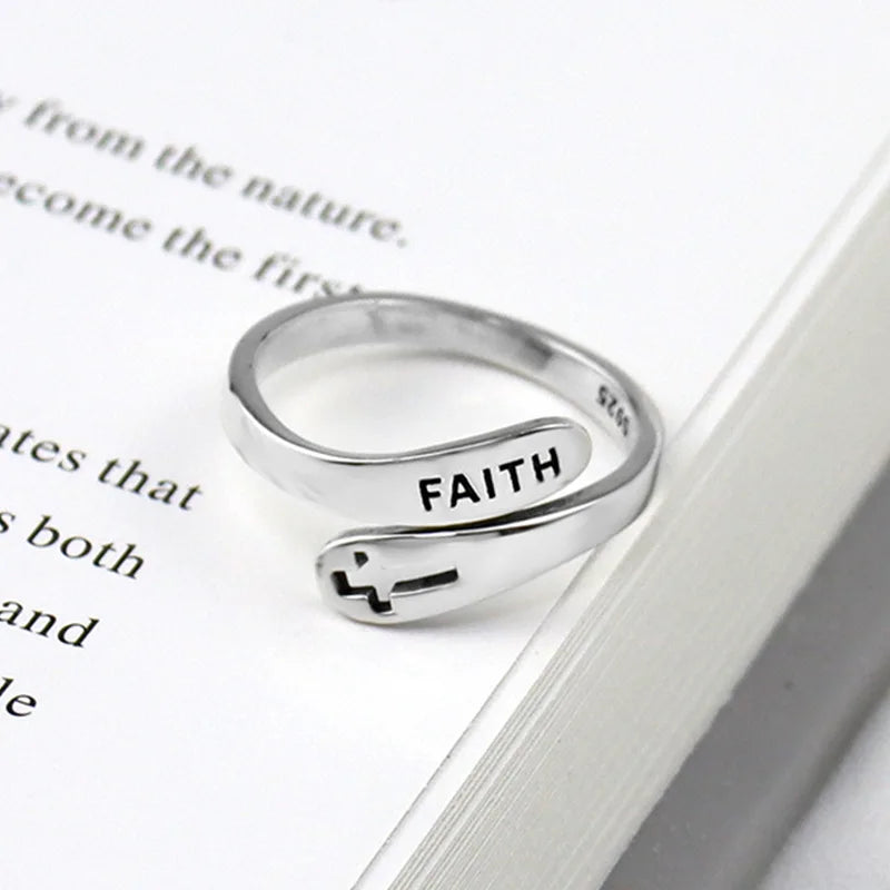 925 Sterling Silver Rings for Women Cross Faith Letters Wedding Trendy Jewelry Large Adjustable Antique Rings Anillos