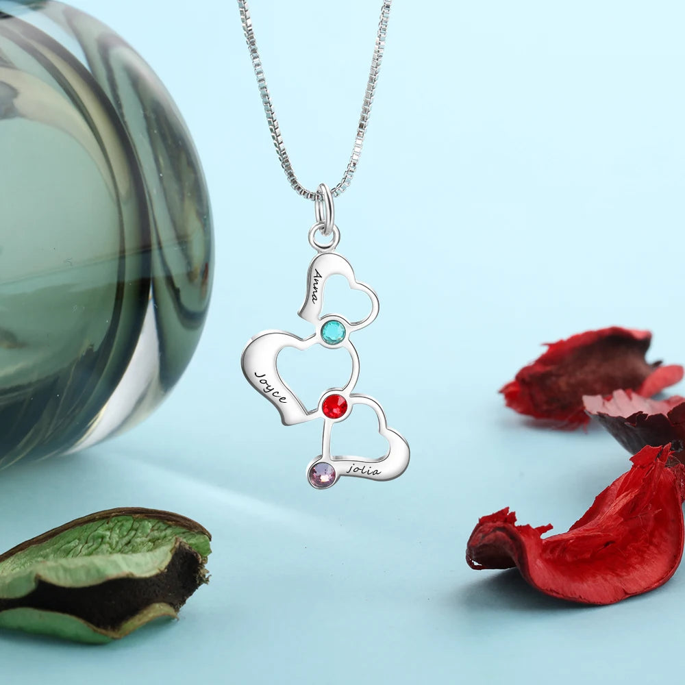 3 Heart Hollow Design Personalized Engrave Name Necklace Birthstone  Silver Color Necklaces &amp; Pendants (JewelOra NE102367)