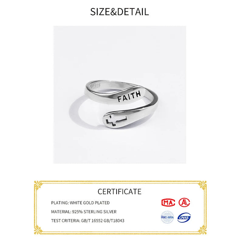 925 Sterling Silver Rings for Women Cross Faith Letters Wedding Trendy Jewelry Large Adjustable Antique Rings Anillos
