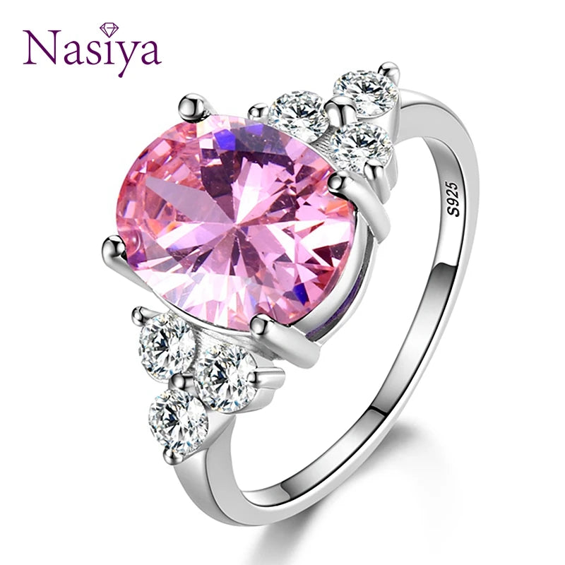 Women&#39;s Jewelry 925 Sterling Silver Rings White Pink Light Blue Champagne Zircon Oval Wedding Ring