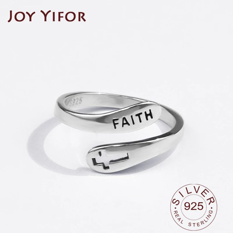925 Sterling Silver Rings for Women Cross Faith Letters Wedding Trendy Jewelry Large Adjustable Antique Rings Anillos