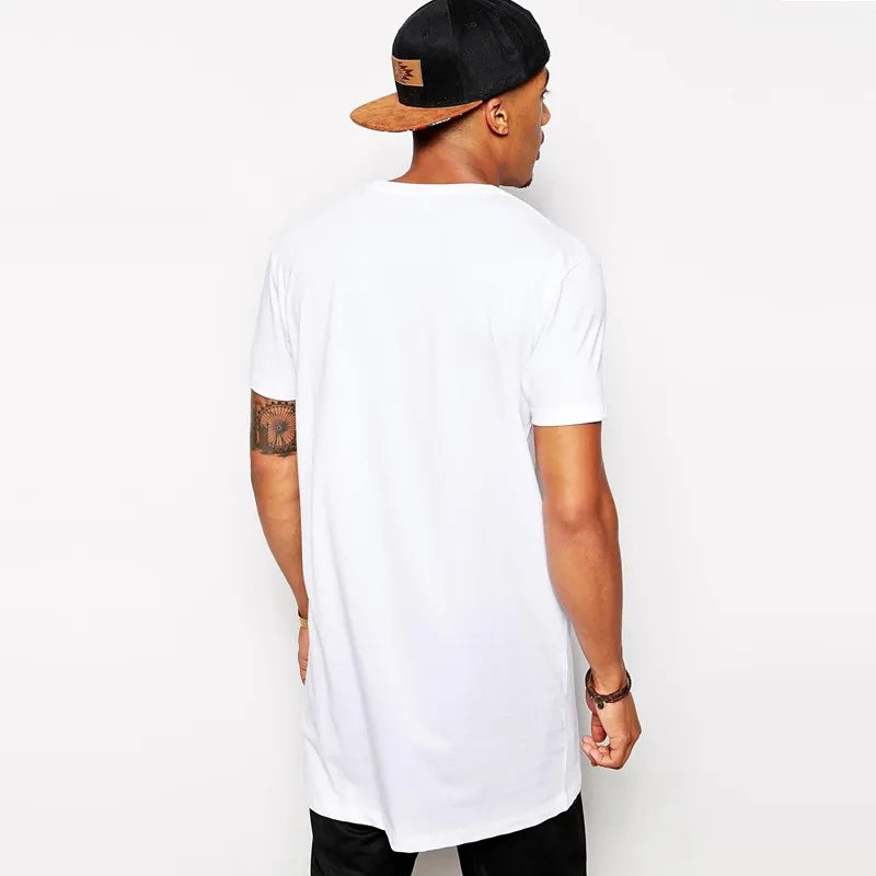 2015 White Casual Long Size Men Lining t shirt Hip hop Tops Street Wear t-shirt Solid Color Short Sleeve tshirt Free Shipping
