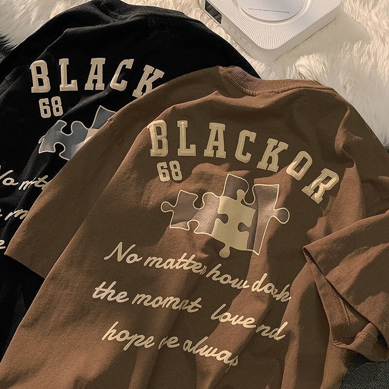 Camiseta feminina retrô simples solta de manga curta americana criativa