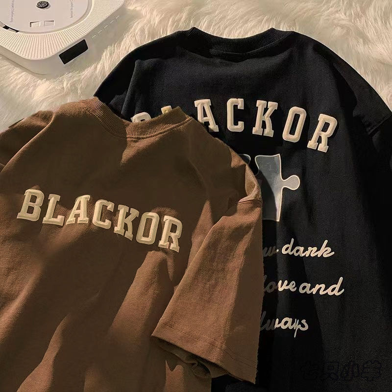 Camiseta feminina retrô simples solta de manga curta americana criativa