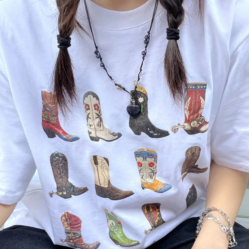 Boot Western T-Shirt donna T Shirt Summer Loose Vintage Boho Texas T Shirt Cowgirl Cowboy Cute Graphic Tees Hippie magliette Retro
