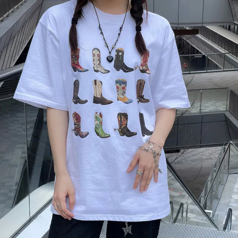 Boot Western T-Shirt donna T Shirt Summer Loose Vintage Boho Texas T Shirt Cowgirl Cowboy Cute Graphic Tees Hippie magliette Retro
