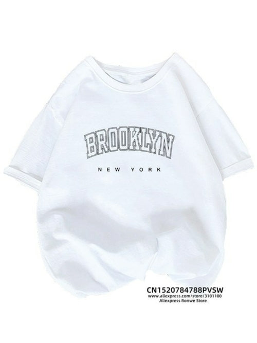 تي شيرت نسائي من Brooklyn New York مطبوع عليه رسومات فتاة على الموضة Harajuku