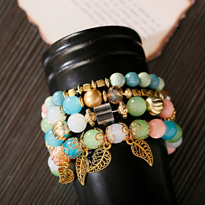 4Pcs/Lot Fashion Hollow Gold Leaf Pendant Bracelets Women Ethnic Vintage Crystal White Stone Beads Wrap Bracelet Boho Jewelry