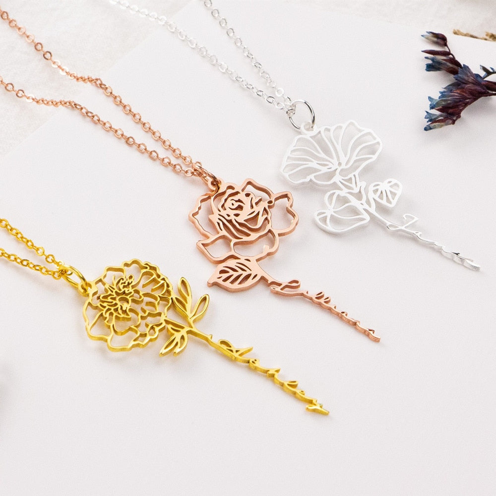 VishowCo Custom Name Necklace Stainless Steel Gold Choker Personalized Birth Month Flower Name Necklace Lover Birthday Gift