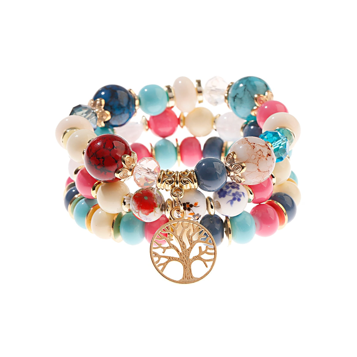 4 قطعة/الوحدة الأزياء الجوف الذهب ليف قلادة أساور النساء العرقية خمر كريستال الأبيض ستون الخرز التفاف سوار بوهو مجوهرات