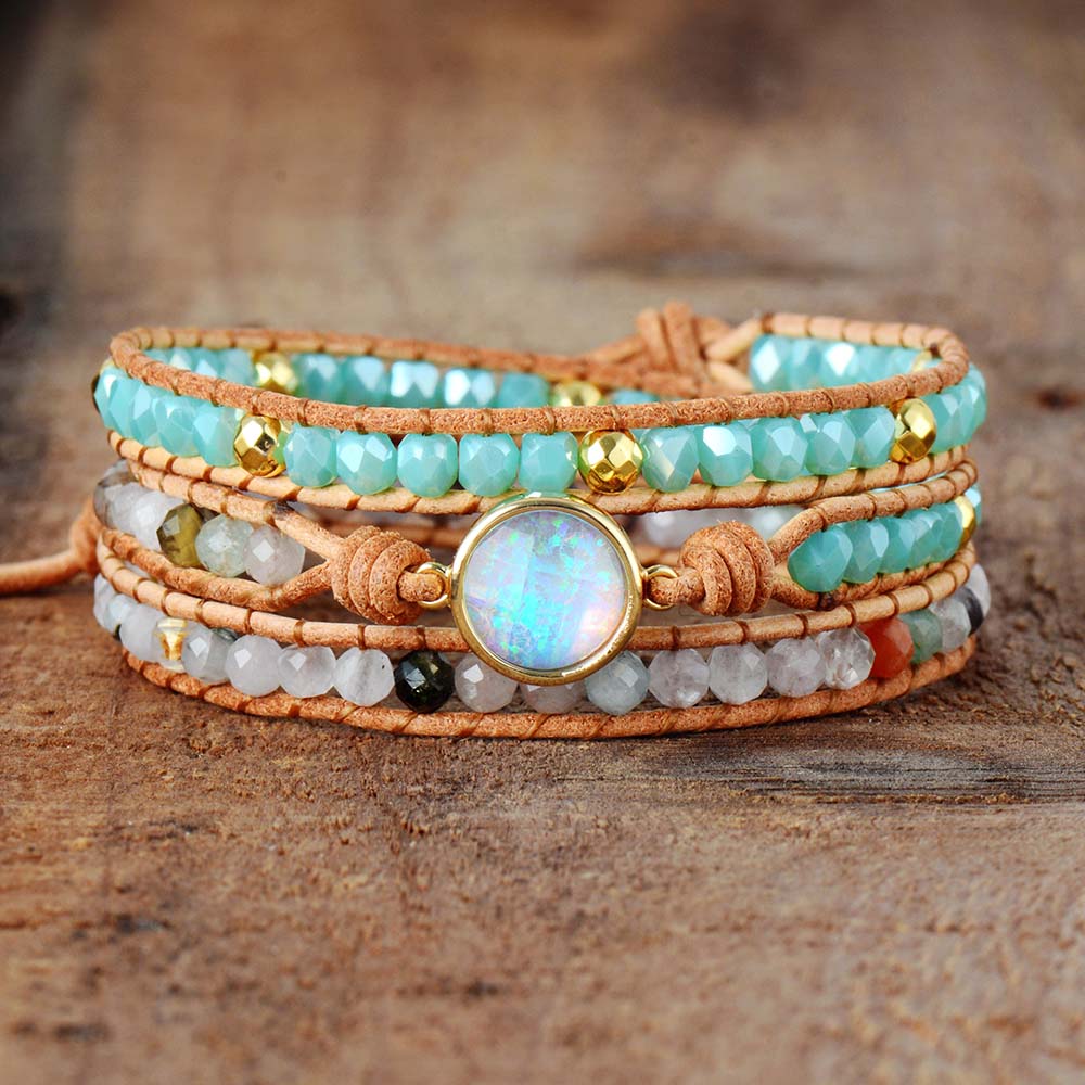 Pulseiras femininas de alta qualidade, pedra de opala natural, strass, 3 fileiras, pulseira de couro, elegante, boho, dropship