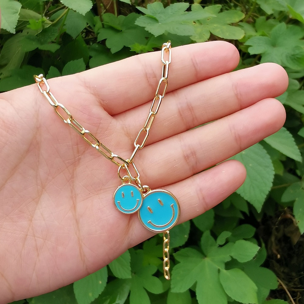 Cute Smiley Face Pendant Necklace for Women Vintage Round Pin Link Chain Choker Necklace Accessories Jewelry Collin BFF Mujer
