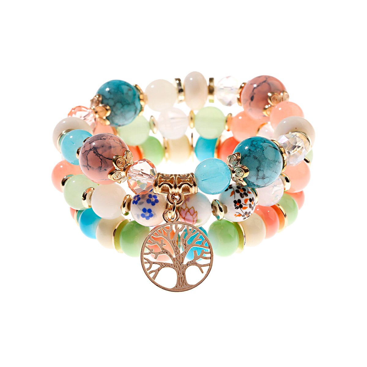 4 قطعة/الوحدة الأزياء الجوف الذهب ليف قلادة أساور النساء العرقية خمر كريستال الأبيض ستون الخرز التفاف سوار بوهو مجوهرات