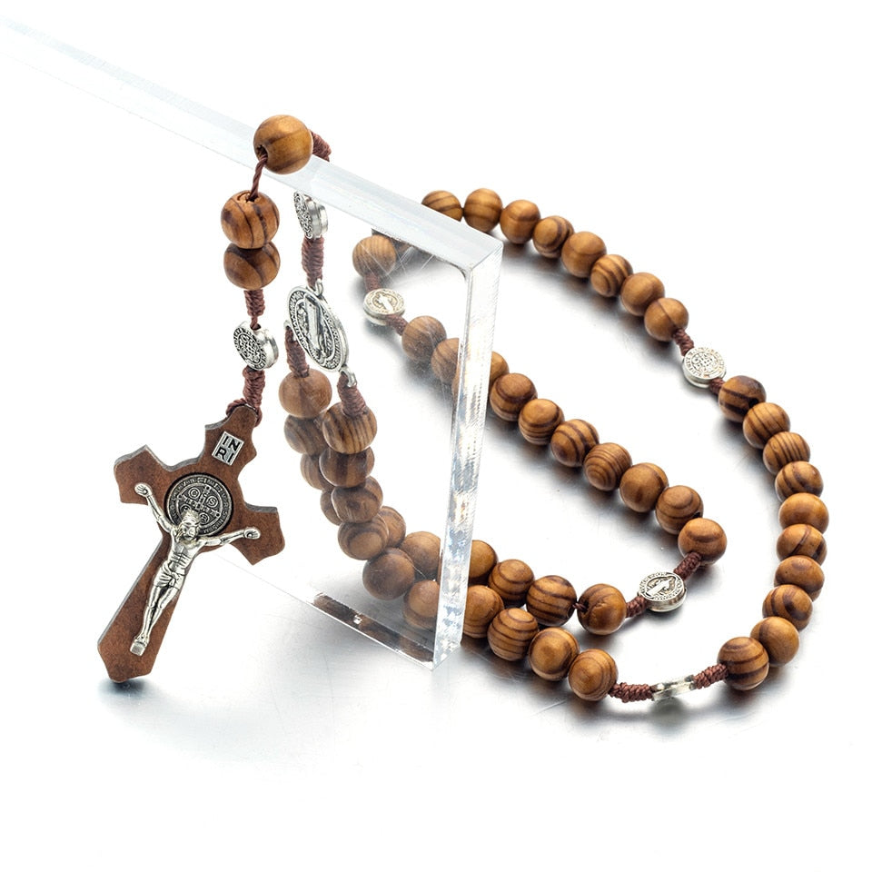 Religião masculino longo rosário de madeira contas cruz cristo jesus pingente colar 10mm pingentes de madeira colar jóias para mulheres
