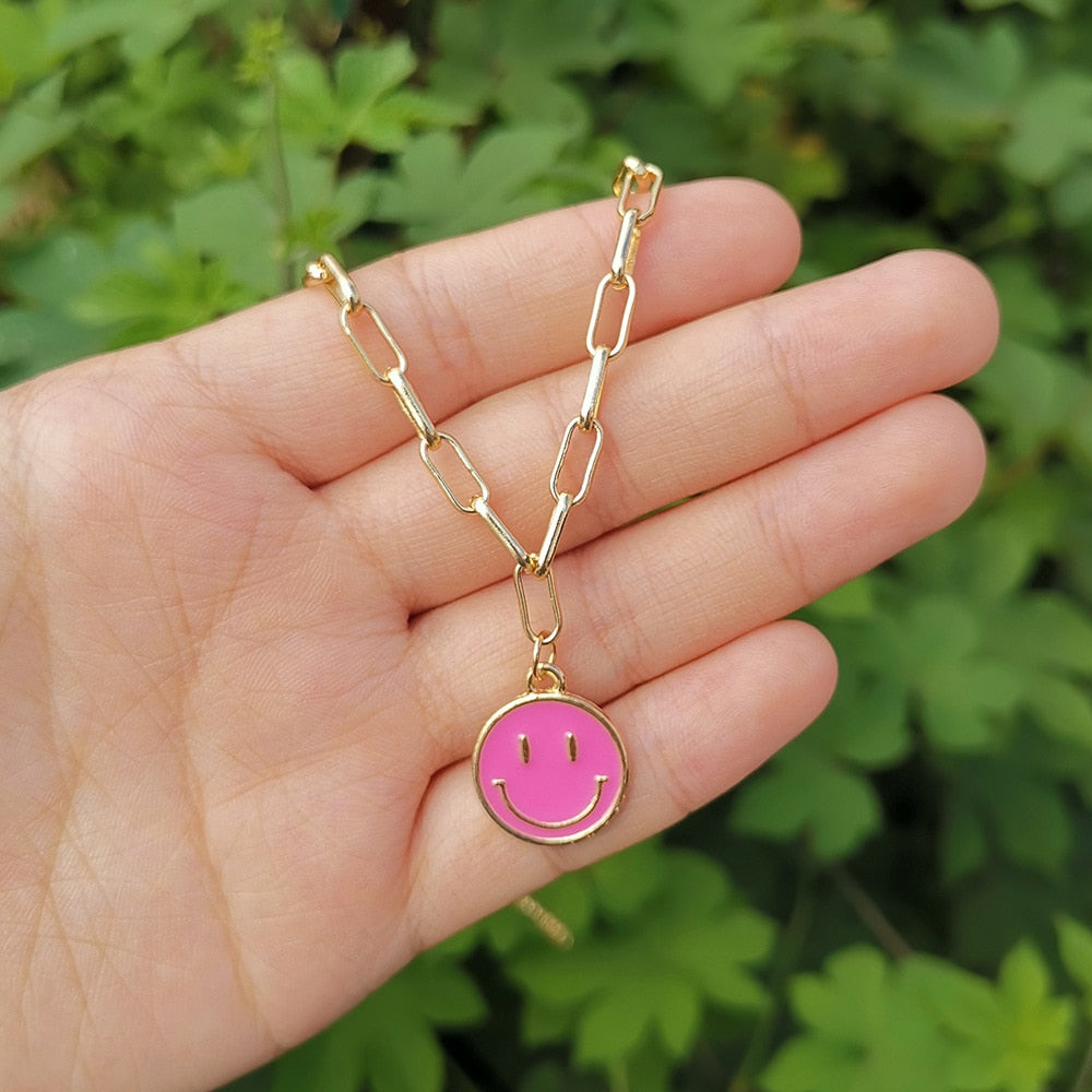 Cute Smiley Face Pendant Necklace for Women Vintage Round Pin Link Chain Choker Necklace Accessories Jewelry Collin BFF Mujer