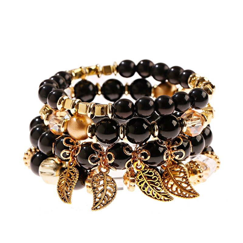 4Pcs/Lot Fashion Hollow Gold Leaf Pendant Bracelets Women Ethnic Vintage Crystal White Stone Beads Wrap Bracelet Boho Jewelry