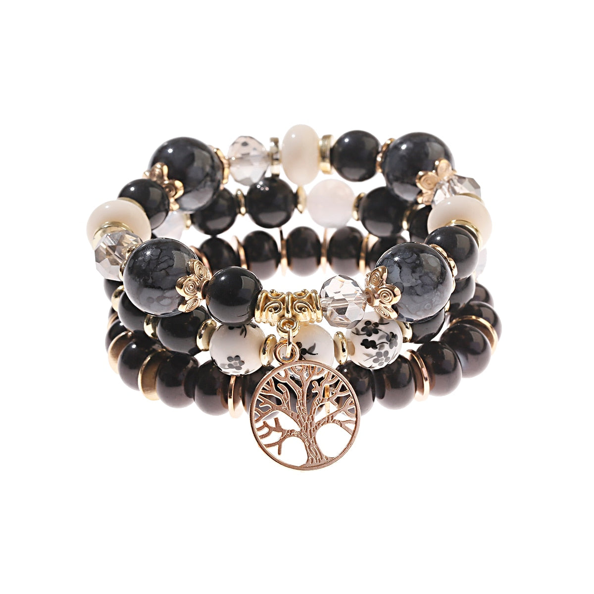 4 قطعة/الوحدة الأزياء الجوف الذهب ليف قلادة أساور النساء العرقية خمر كريستال الأبيض ستون الخرز التفاف سوار بوهو مجوهرات