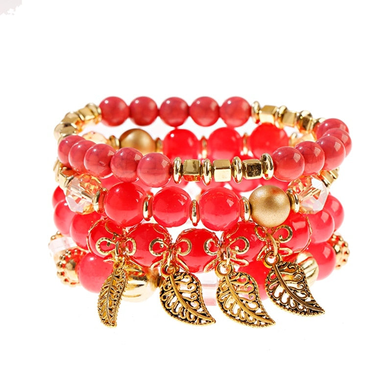 4 قطعة/الوحدة الأزياء الجوف الذهب ليف قلادة أساور النساء العرقية خمر كريستال الأبيض ستون الخرز التفاف سوار بوهو مجوهرات