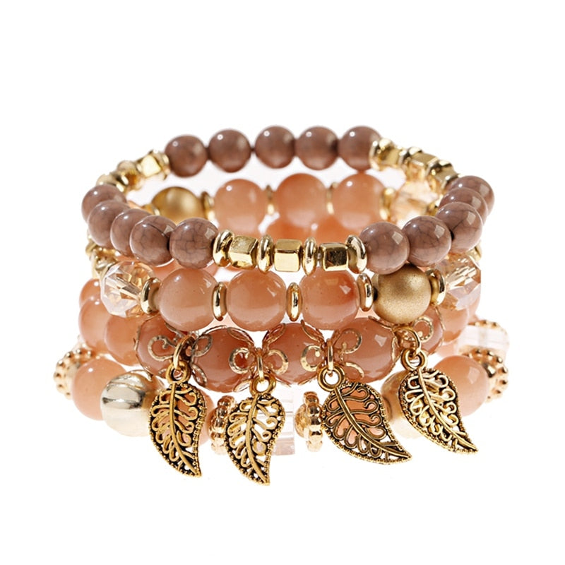 4 قطعة/الوحدة الأزياء الجوف الذهب ليف قلادة أساور النساء العرقية خمر كريستال الأبيض ستون الخرز التفاف سوار بوهو مجوهرات