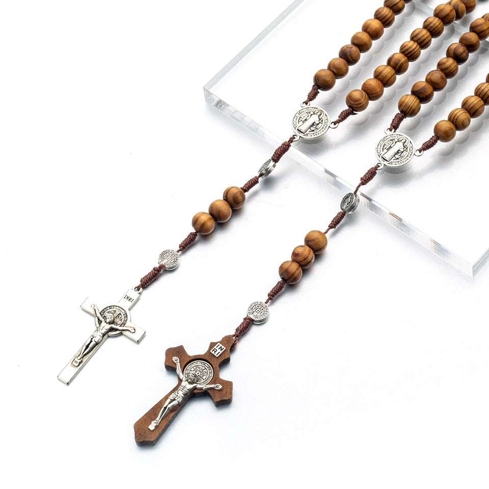 Religion Male Long Wooden Rosary Beads Cross Christ Jesus Pendant Necklace 10MM Wood Pendants Necklace Jewelry For Women Men