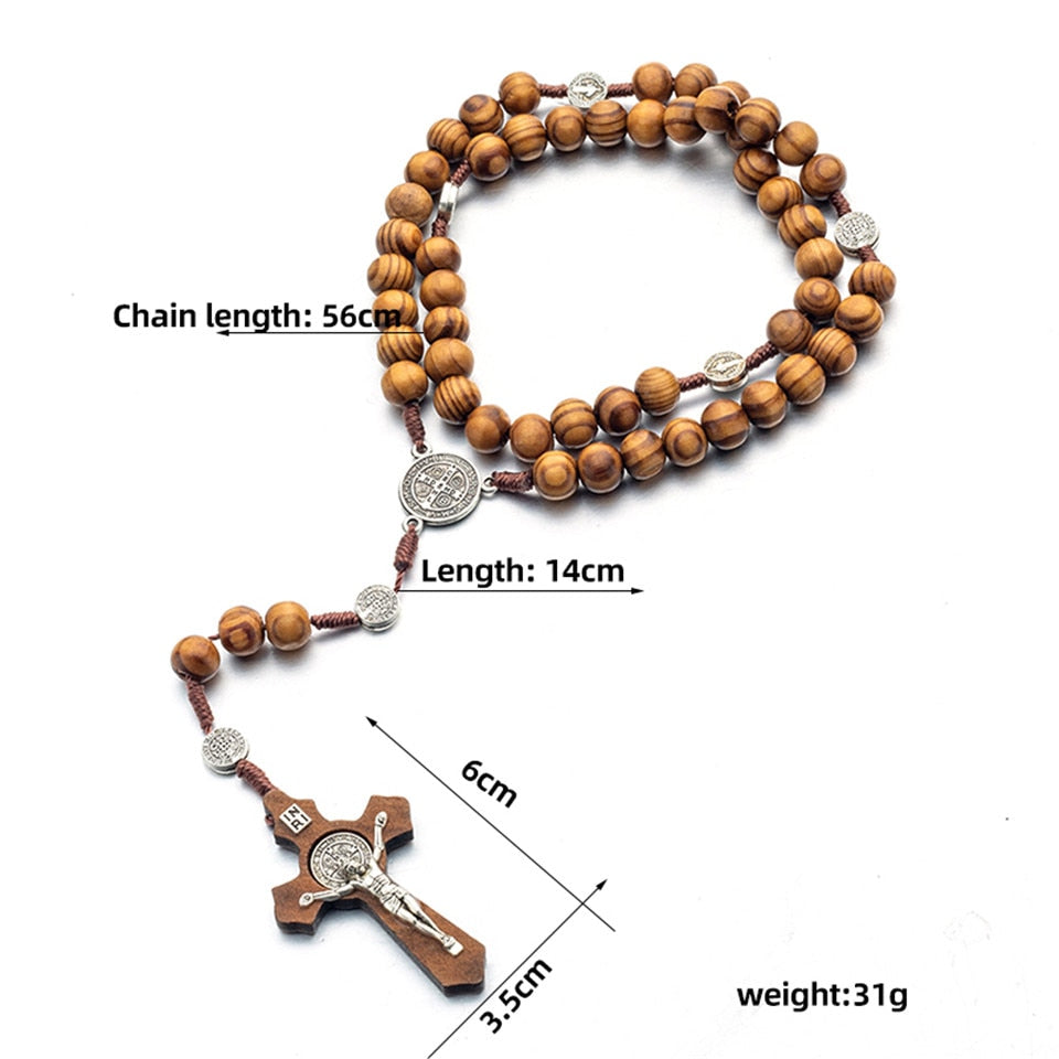 Religião masculino longo rosário de madeira contas cruz cristo jesus pingente colar 10mm pingentes de madeira colar jóias para mulheres