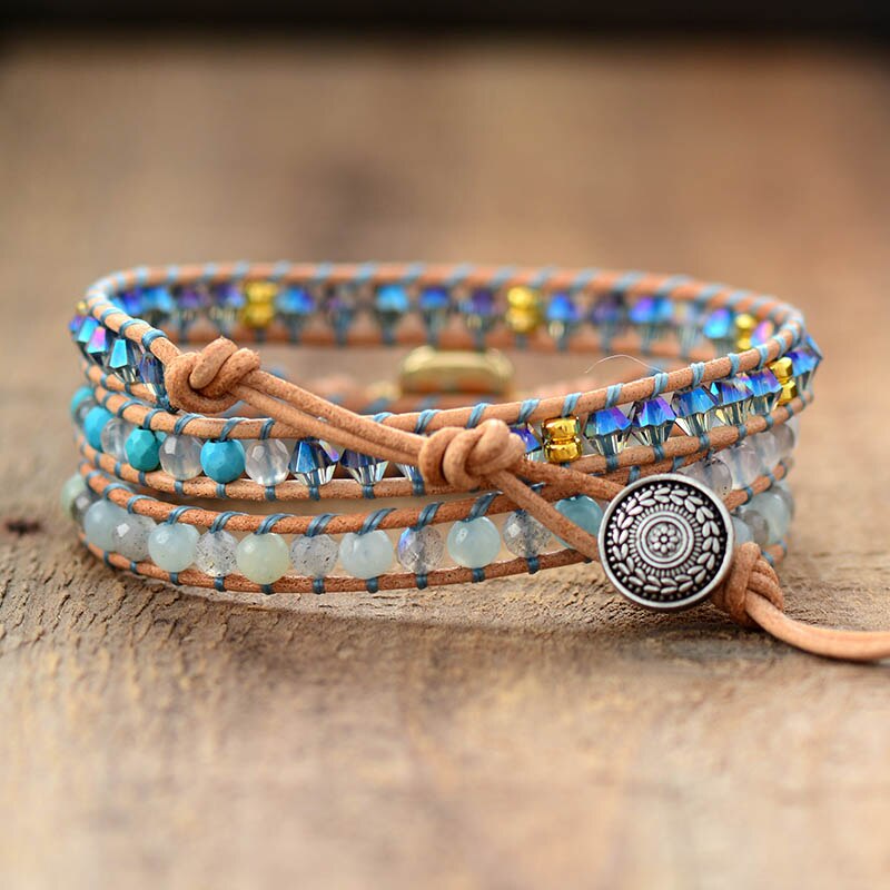 Top Quality Women Bracelets Natural Opal Stone Rhinestone 3 Rows Leather Wrap Bracelet Fancy Femme Boho Bracelets Dropship