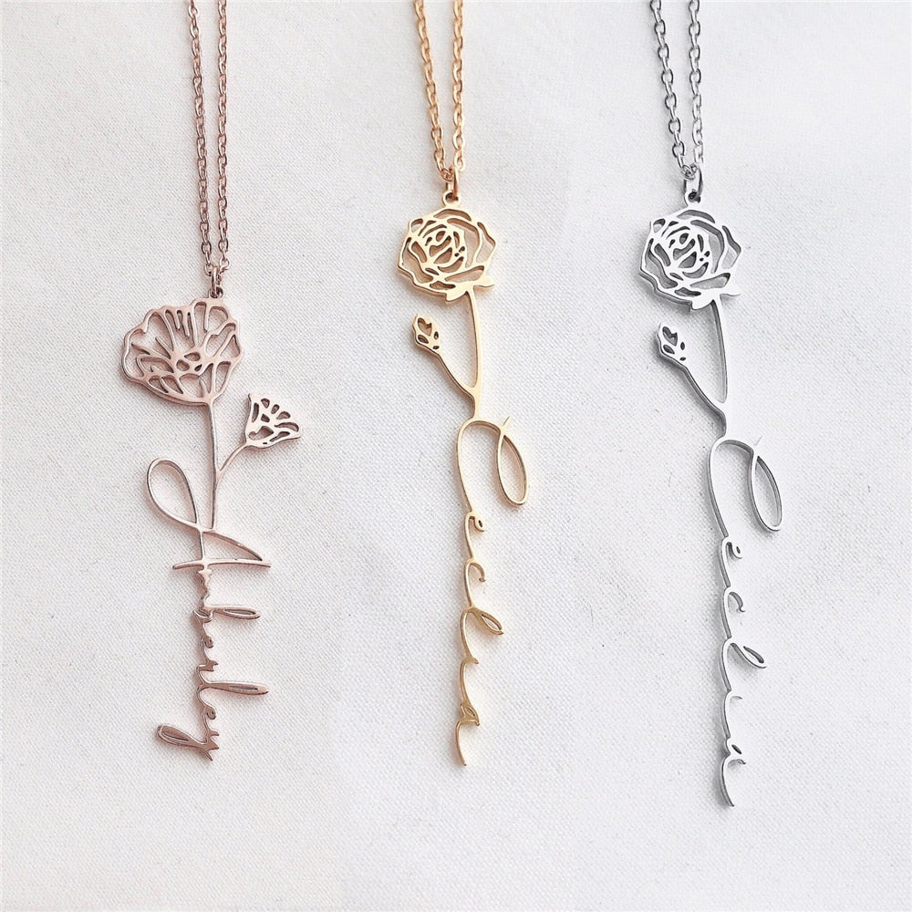 VishowCo Custom Name Necklace Stainless Steel Gold Choker Personalized Birth Month Flower Name Necklace Lover Birthday Gift