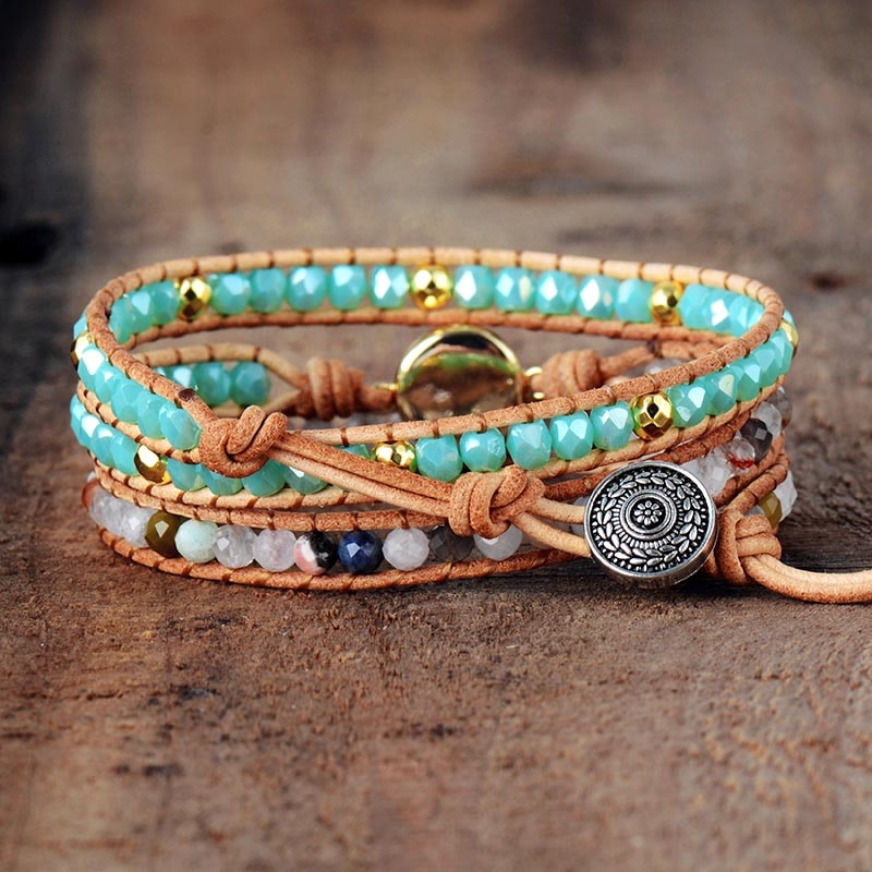 Top Quality Women Bracelets Natural Opal Stone Rhinestone 3 Rows Leather Wrap Bracelet Fancy Femme Boho Bracelets Dropship