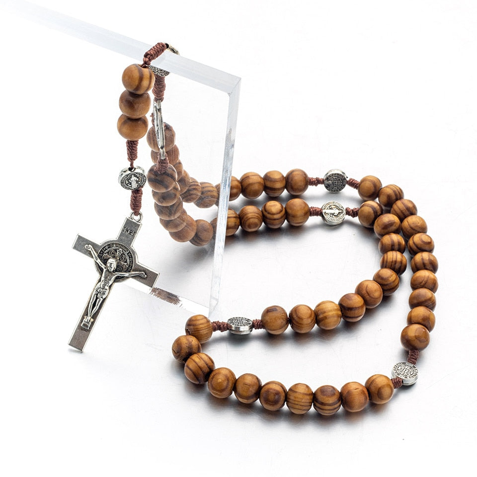 Religião masculino longo rosário de madeira contas cruz cristo jesus pingente colar 10mm pingentes de madeira colar jóias para mulheres