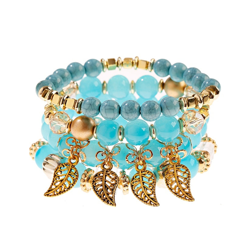 4 pçs/lote moda oco folha de ouro pingente pulseiras feminino étnico vintage cristal branco pedra contas envoltório pulseira boho jóias