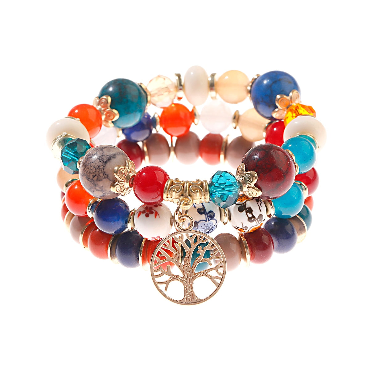 4 قطعة/الوحدة الأزياء الجوف الذهب ليف قلادة أساور النساء العرقية خمر كريستال الأبيض ستون الخرز التفاف سوار بوهو مجوهرات