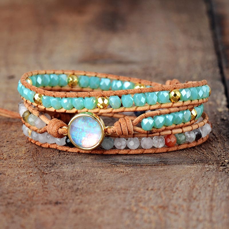 Pulseiras femininas de alta qualidade, pedra de opala natural, strass, 3 fileiras, pulseira de couro, elegante, boho, dropship