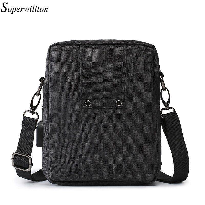 Soperwillton bolsa de ombro masculina, bolsa crossbody com porta usb para ipad de 7.9 '', resistente à água, bolsa de viagem oxford com zíper, cinto masculino #1042