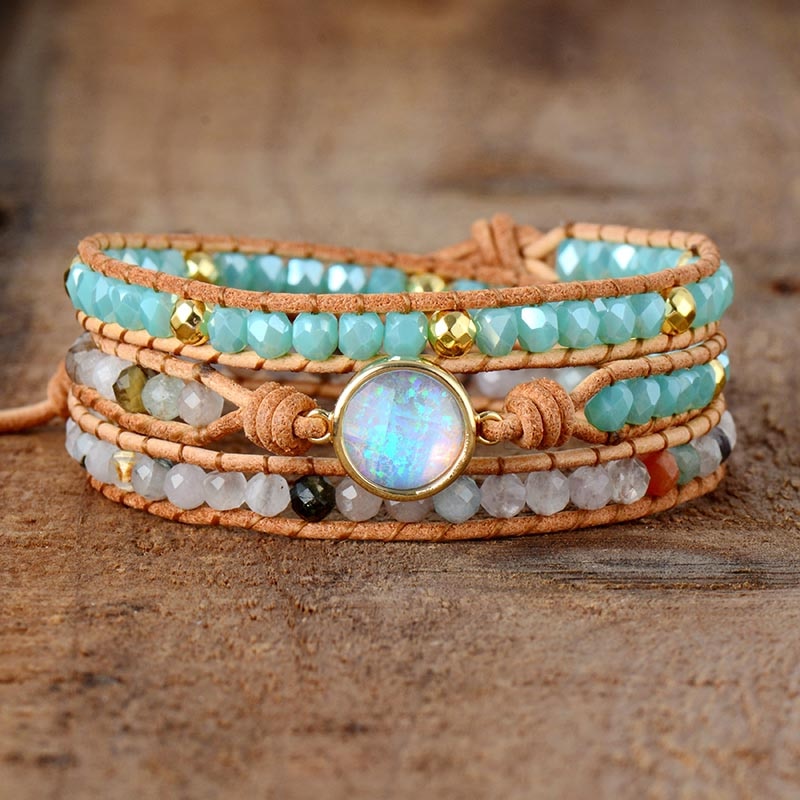 Pulseiras femininas de alta qualidade, pedra de opala natural, strass, 3 fileiras, pulseira de couro, elegante, boho, dropship