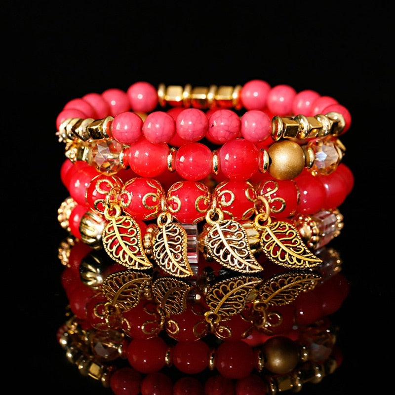 4Pcs/Lot Fashion Hollow Gold Leaf Pendant Bracelets Women Ethnic Vintage Crystal White Stone Beads Wrap Bracelet Boho Jewelry