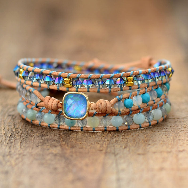 Top Quality Women Bracelets Natural Opal Stone Rhinestone 3 Rows Leather Wrap Bracelet Fancy Femme Boho Bracelets Dropship