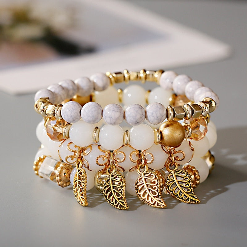 4Pcs/Lot Fashion Hollow Gold Leaf Pendant Bracelets Women Ethnic Vintage Crystal White Stone Beads Wrap Bracelet Boho Jewelry