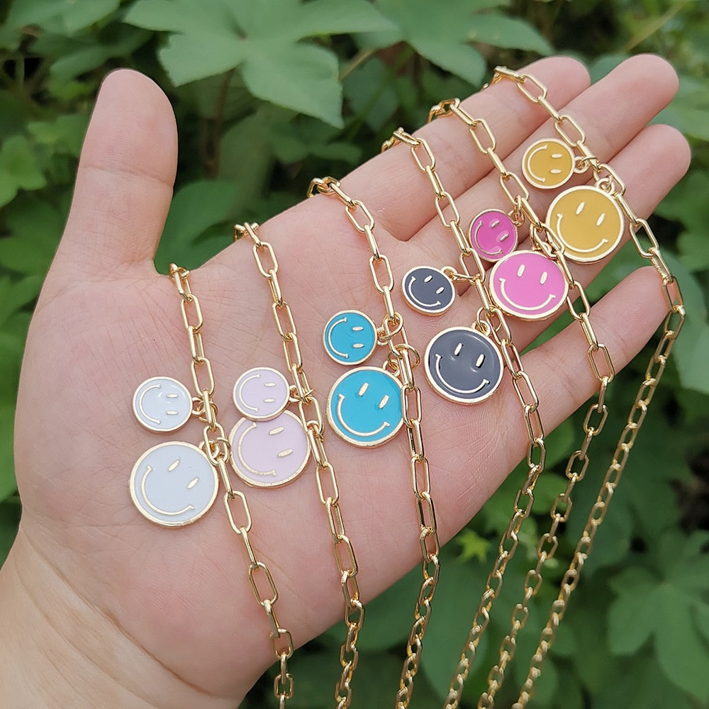 Cute Smiley Face Pendant Necklace for Women Vintage Round Pin Link Chain Choker Necklace Accessories Jewelry Collin BFF Mujer