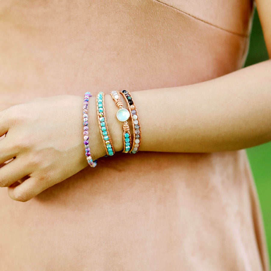Top Quality Women Bracelets Natural Opal Stone Rhinestone 3 Rows Leather Wrap Bracelet Fancy Femme Boho Bracelets Dropship