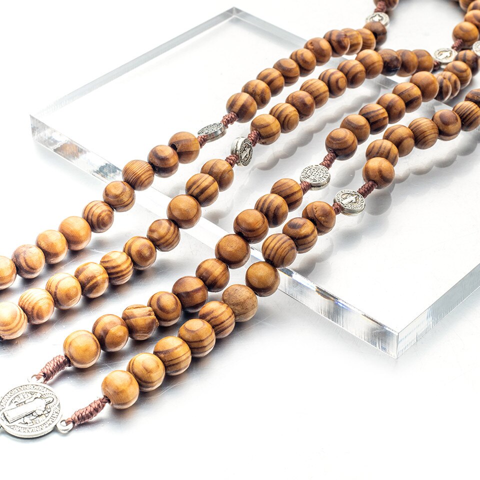 Religião masculino longo rosário de madeira contas cruz cristo jesus pingente colar 10mm pingentes de madeira colar jóias para mulheres