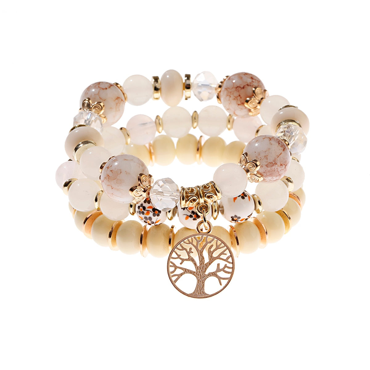 4 قطعة/الوحدة الأزياء الجوف الذهب ليف قلادة أساور النساء العرقية خمر كريستال الأبيض ستون الخرز التفاف سوار بوهو مجوهرات