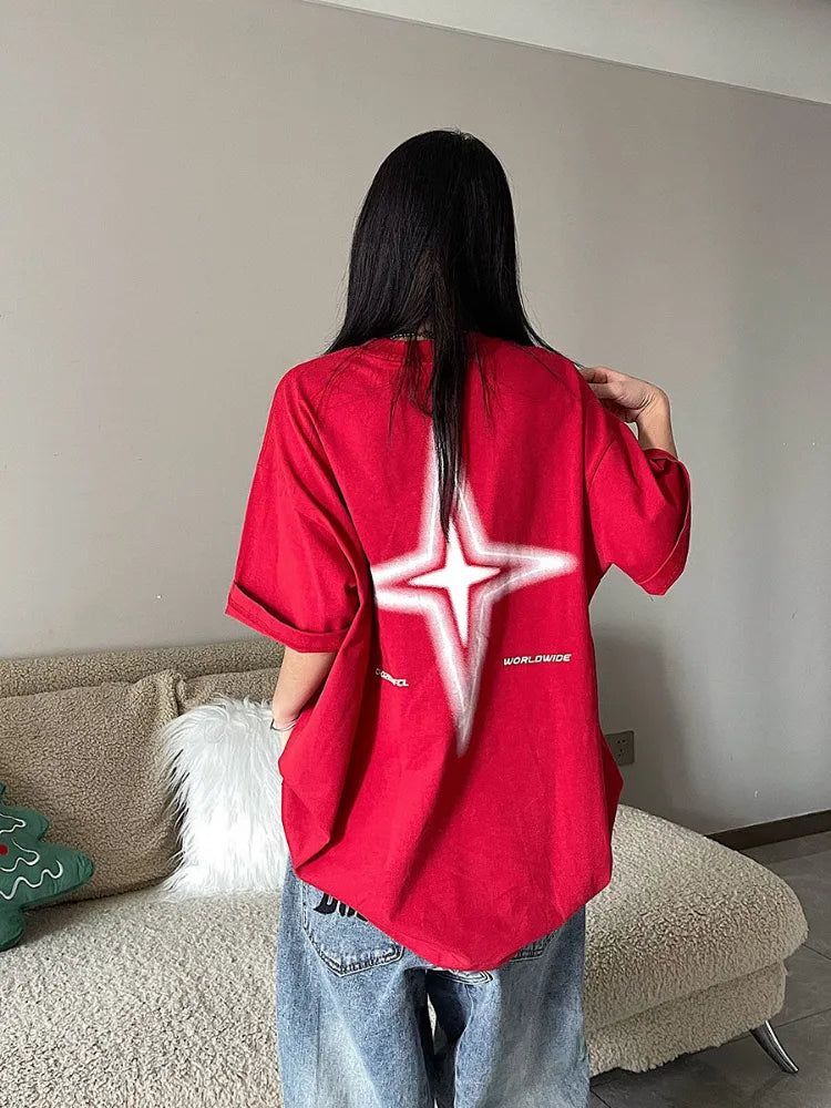 هوتشو Kpop ملابس الشارع الشهير magliette rosse a maniche corte كبيرة الحجم Y2K خمر رسالة ستار magliette الهبي Harajuku تي شيرت أسود للسيدات 