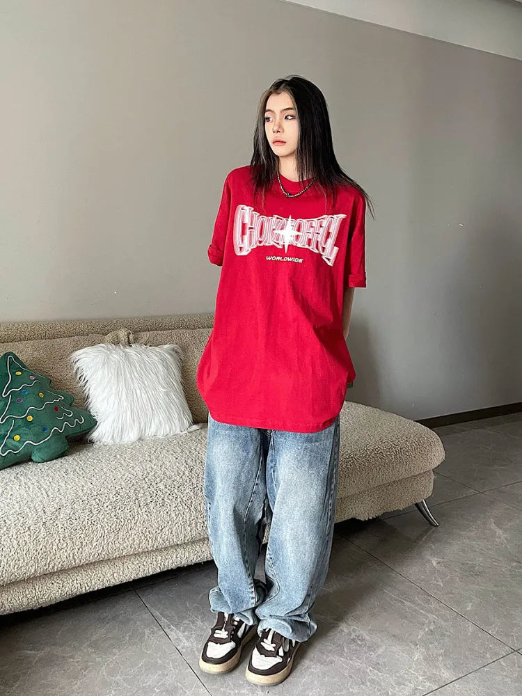 هوتشو Kpop ملابس الشارع الشهير magliette rosse a maniche corte كبيرة الحجم Y2K خمر رسالة ستار magliette الهبي Harajuku تي شيرت أسود للسيدات 