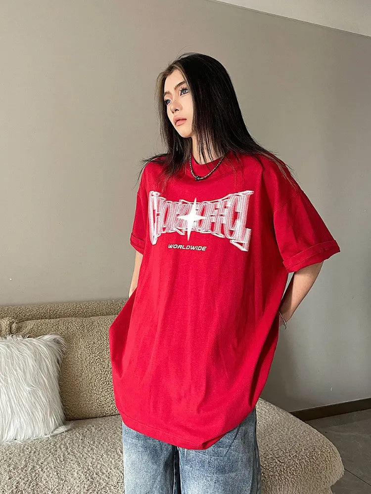 HOUZHOU Kpop Streetwear magliette rosse a maniche corte oversize Y2K Vintage Letter Star magliette Hippie Harajuku Black Tees Women