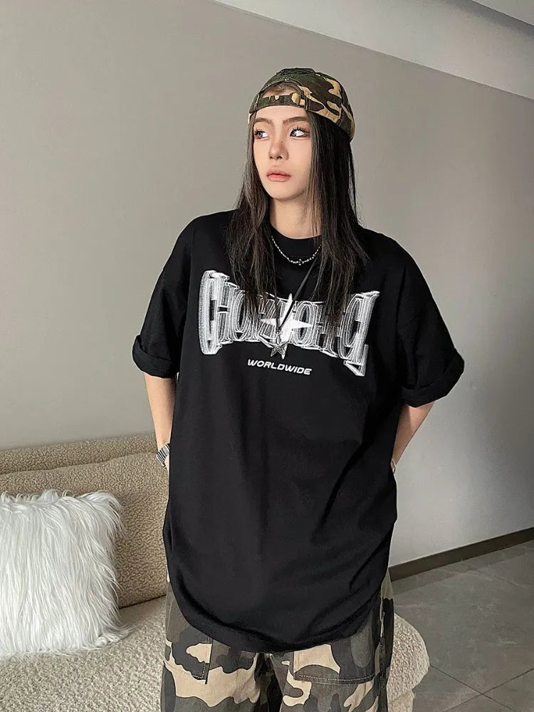 HOUZHOU Kpop Streetwear magliette rosse a maniche corte oversize Y2K Vintage Letter Star magliette Hippie Harajuku Black Tees Women