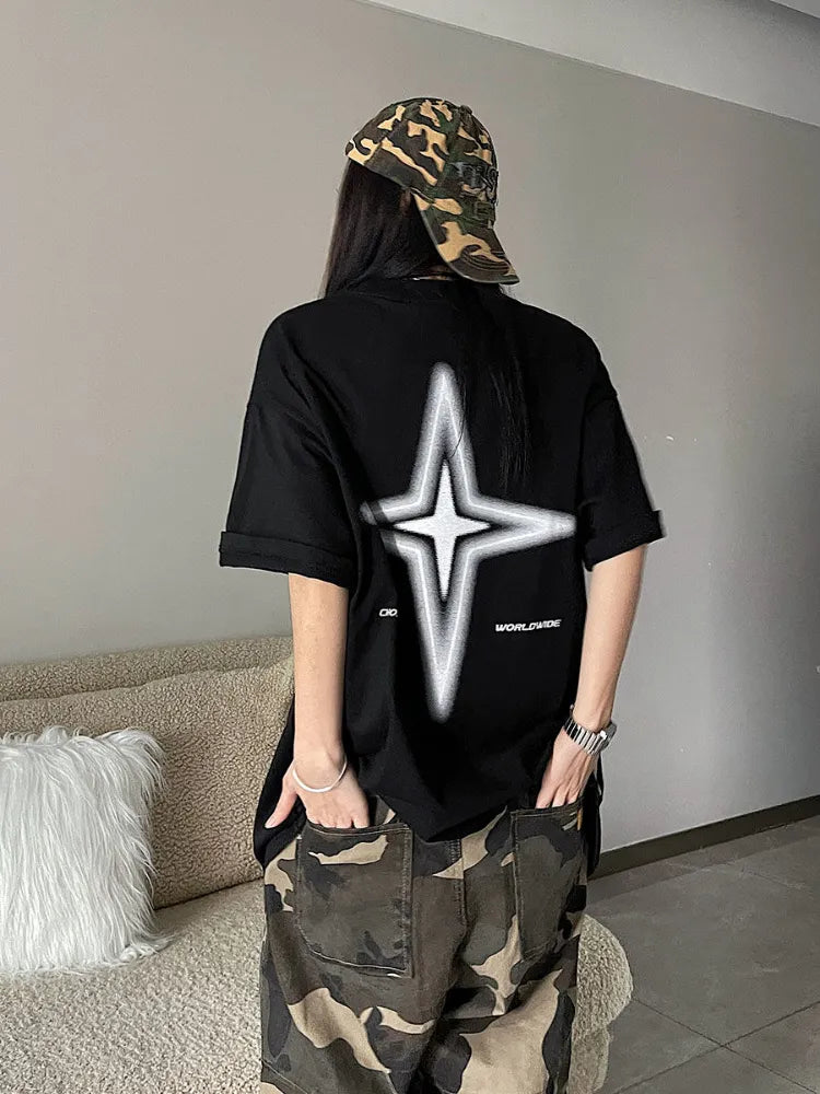 HOUZHOU Kpop Streetwear magliette rosse a maniche corte oversize Y2K Vintage Letter Star magliette Hippie Harajuku Black Tees Women