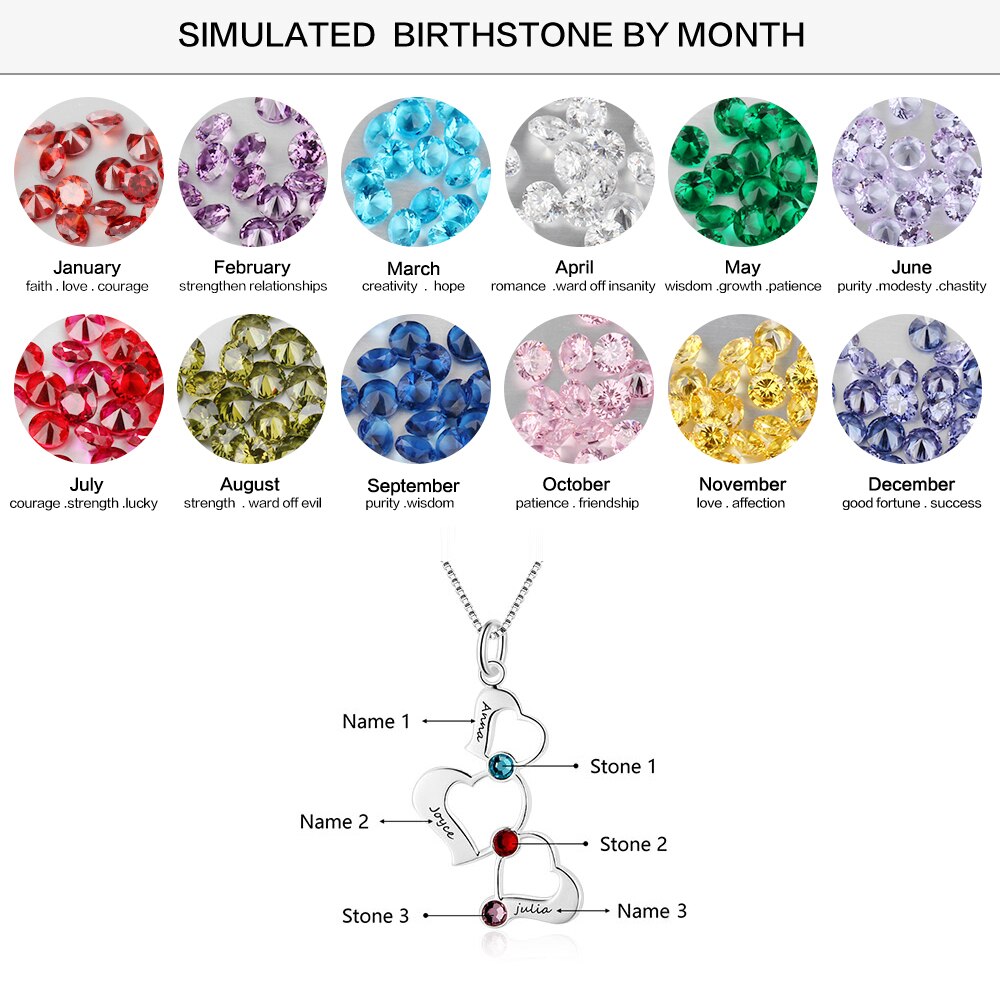 3 Heart Hollow Design Personalized Engrave Name Necklace Birthstone  Silver Color Necklaces &amp; Pendants (JewelOra NE102367)
